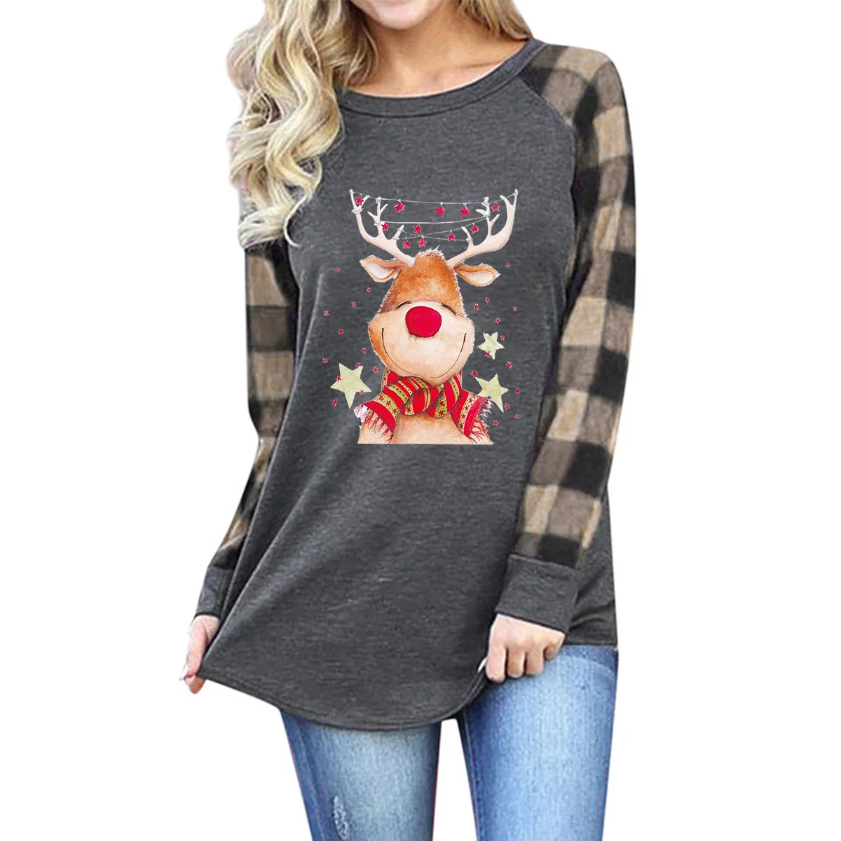 

Women's Santa Claus Pattern Printed Round Neck Raglan Long Sleeve T-shirt Women's Loose and Versatile Elegance and Personality