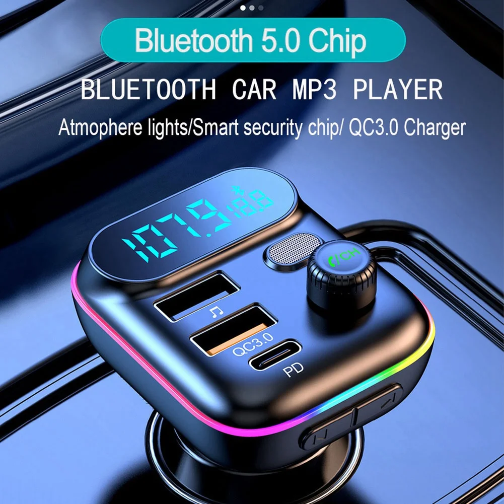 T70 Car Bluetooth 5.0 FM Transmitter PD 20W Type-C QC3.0 Dual USB Charger 7-Colorful Atmosphere Light MP3 Player