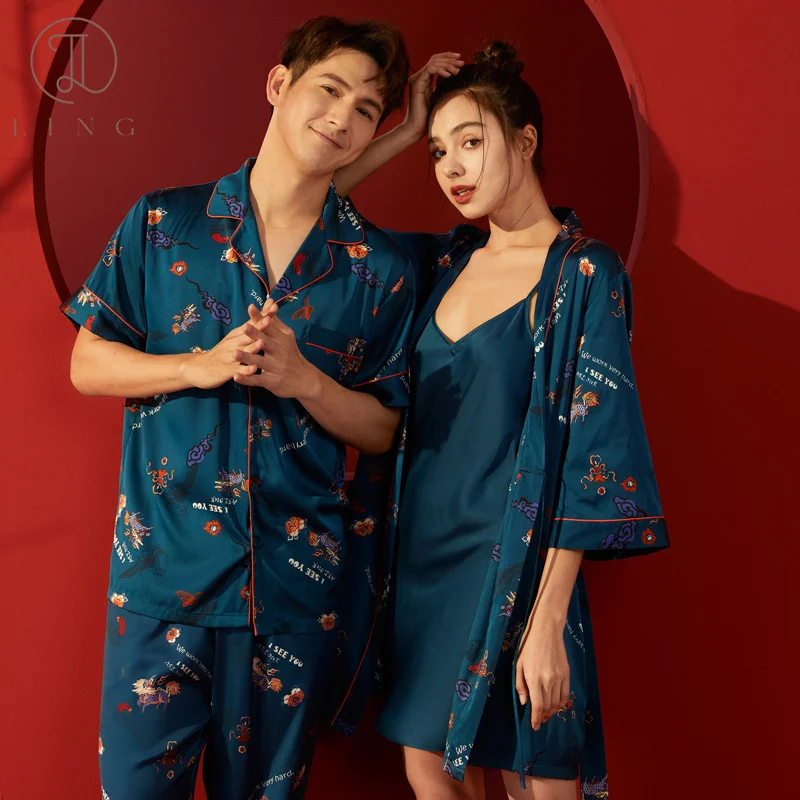 Ling Silk Couple's Pajamas Women's Robe Gowns Sets 2 Pcs Pajamas Sleepwear Spring Summer Pajamas Sets Plus Size Short Sleeve