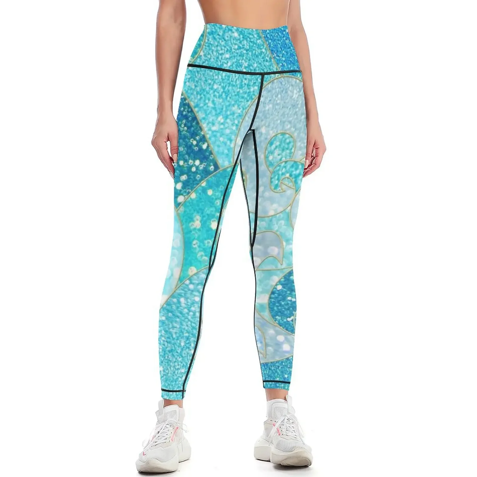 

Teal, Silver and Blue Sparkle Faux Glitter Mermaid Waves Leggings sportswear for gym Sweatpants Womens Leggings