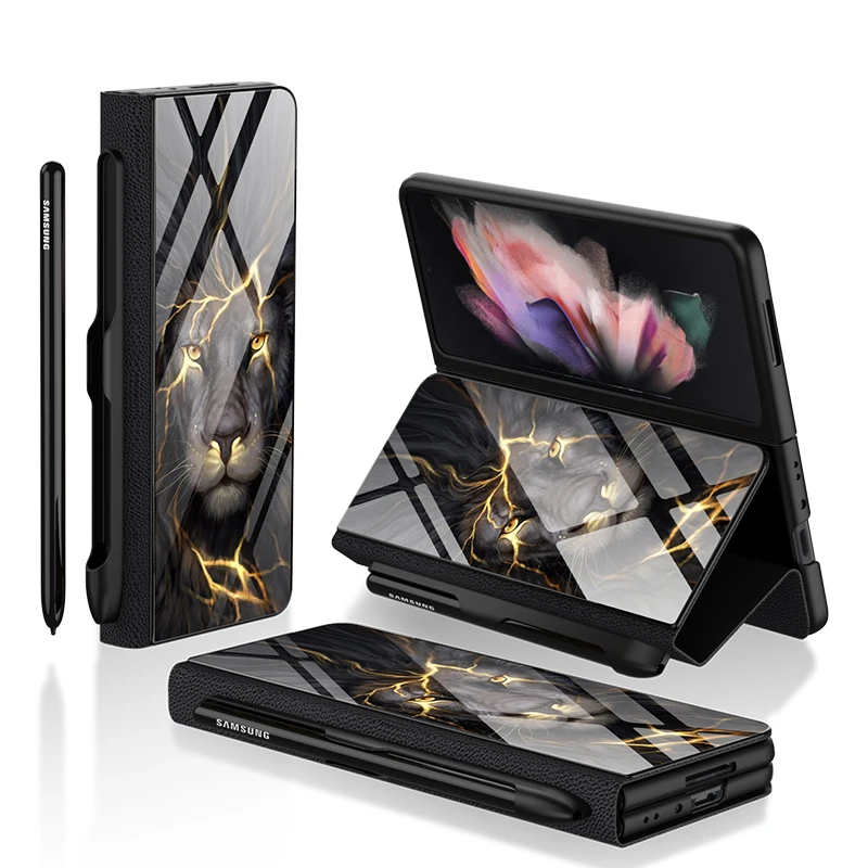 

Luxury Painted Glass With Pen Slot Case For Samsung Galaxy Z Fold 4 Plain Leather Fold Holder Cover For Galaxy Z Fold 3 Cases