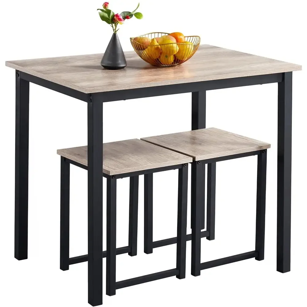 Rustic Gray Industrial Dining Set 3-Piece Rectangular Table Chair Stool Iron Frame Solid Wood Compact Space-saving Modern Style