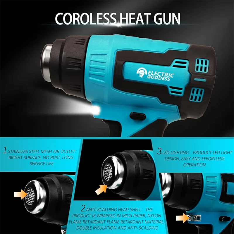 2000W Cordless Electric Heat Gun 600 Temperature Handheld Hot Air Gun With 3 Nozzles Industrial For Makita 18V Battery