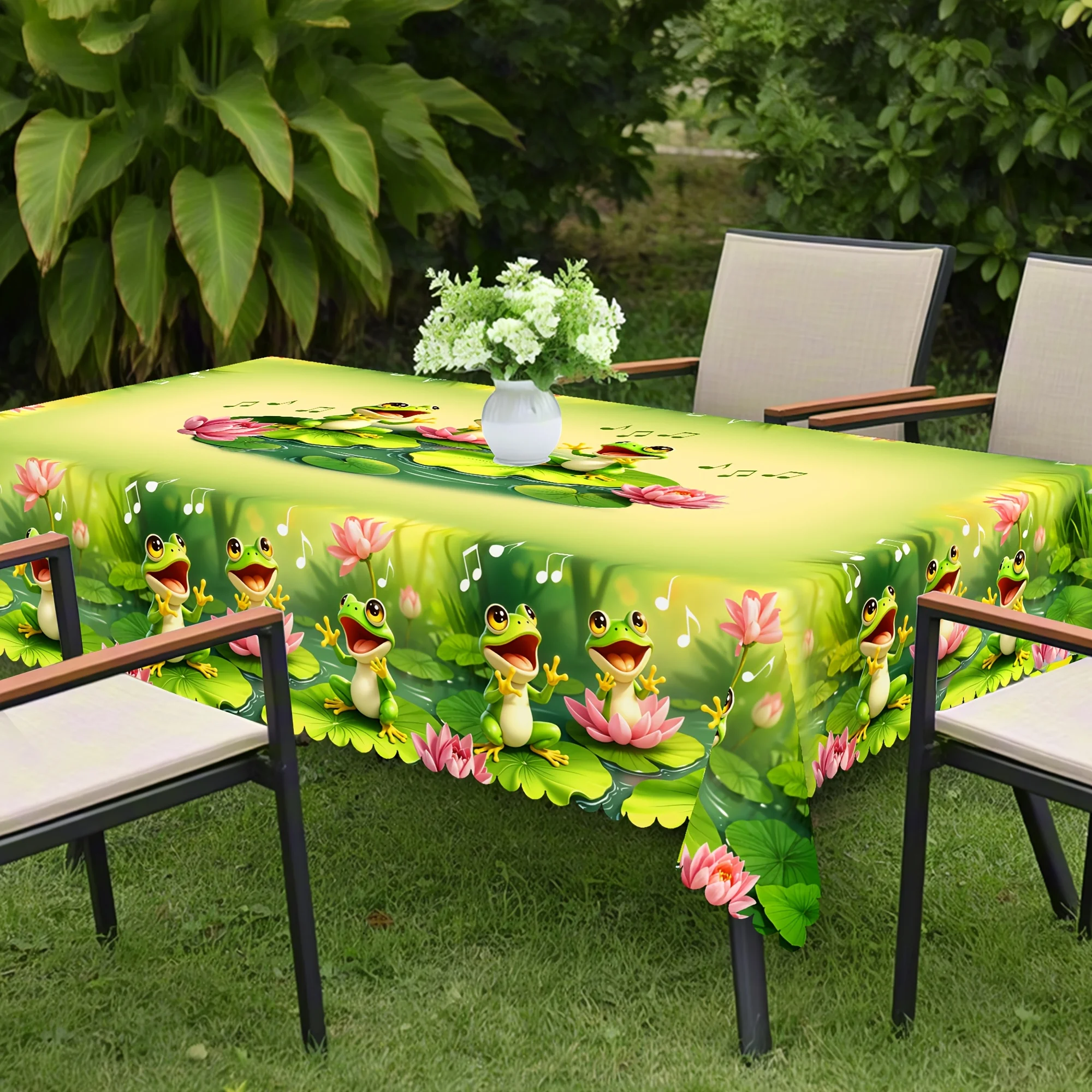 Frog Lotus Flowers Rectangle Tablecloth for Table Decor Washable Frog Pond Pattern Kitchen Dining Table Cloth Picnic Party Decor