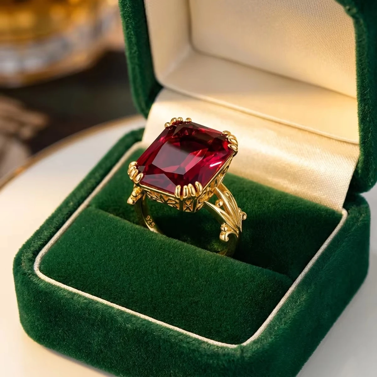 18K Goldfarbener Ring mit rotem Rubin für Damen, Retro 925 Sterling Silber Hochzeits- und Verlobungsschmuck mit Hohlmuster – Detail 5