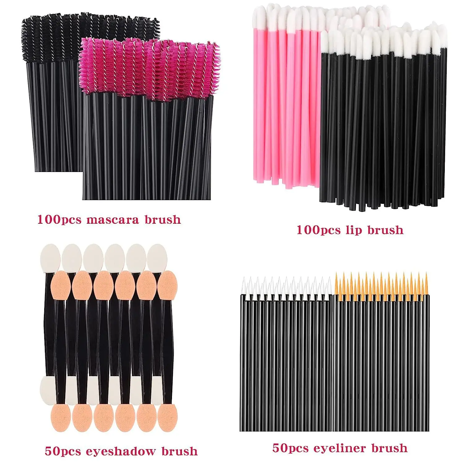 300pcs Disposable Makeup Tool Kit,Brow brush/Mascara brush/Lip Applicators/Eyeshadow applicators/Eye liner brush With Box