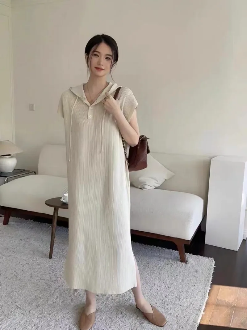 New Korean Fashion Casual Loose Dress Women Summer Knitted Ice Silk Hooded Long Dresses Split Pullvoer Vestidos Robe Oversized