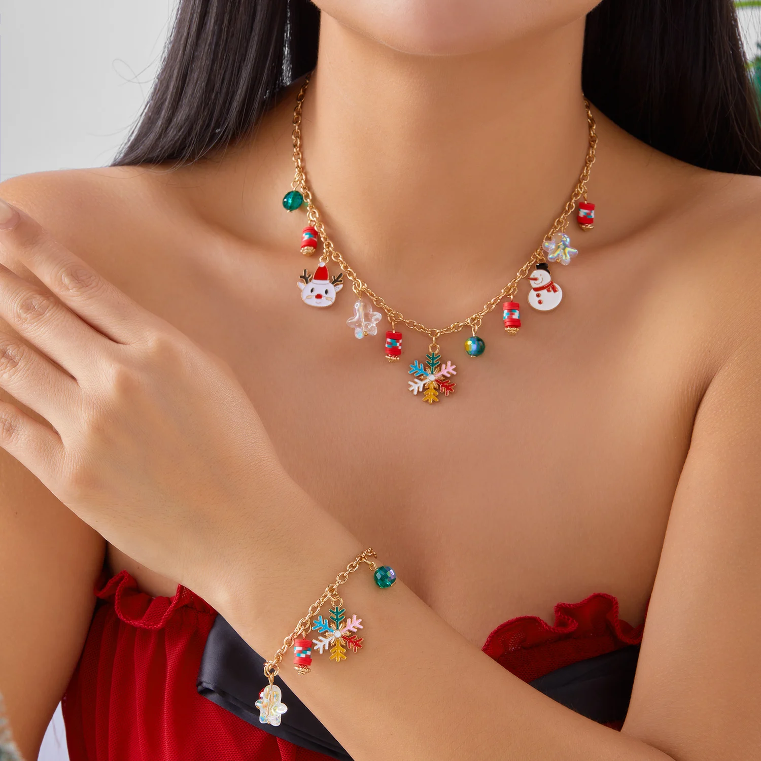 Einfache Weihnachts-Mehrelement-Anhänger-Halskette und Armband für Frauen, Handgefertigtes Schneemann-Glocken-Kettenarmband, Charms, Neujahrs-Schmuck – Detail 1