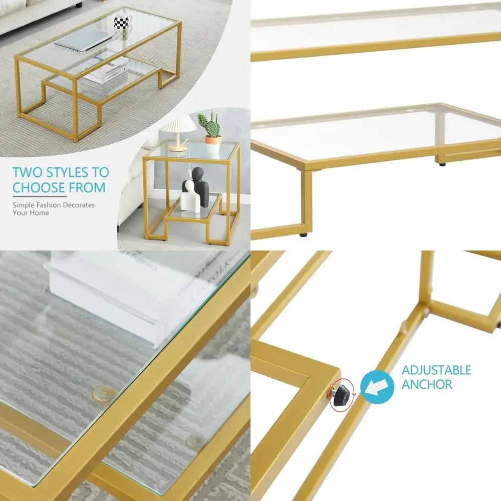 

Two-Tier Tempered Glass Coffee Table - Stylish Metal Frame for Living, Dining, and Office Spaces