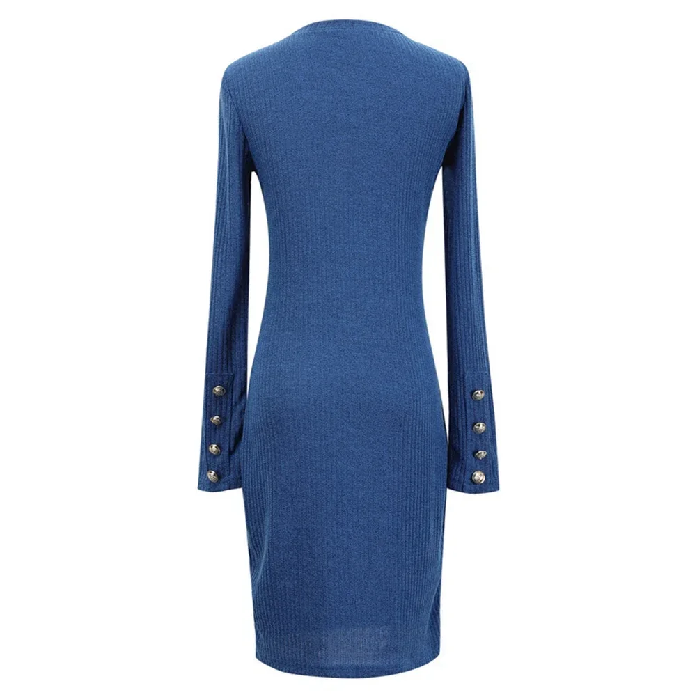 

Female Bodycon Dress Above The Knee Autumn Base Sweater Button Casual Crew-Neck Long Sleeve Plain Short Party Comfy