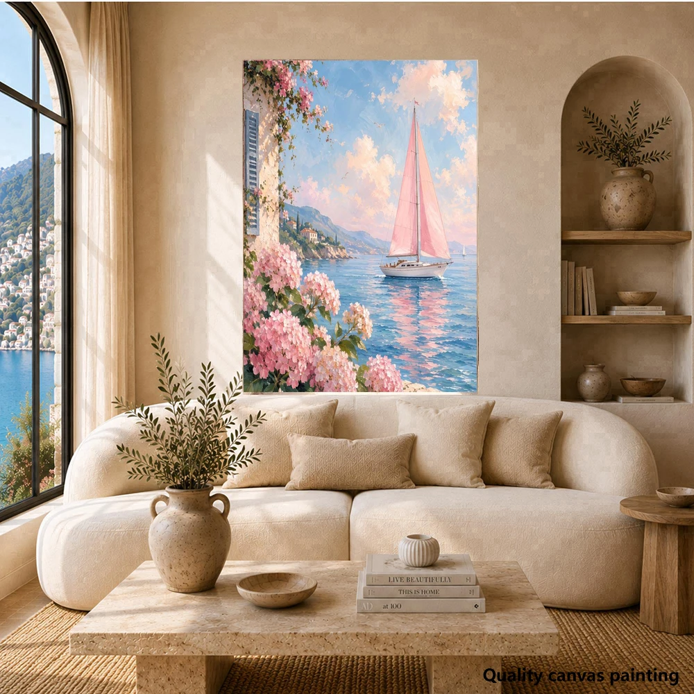 Coastal wall art, pink sailboat print, beach house decor, ocean wall art, summer seascape, home living room decor, no frame