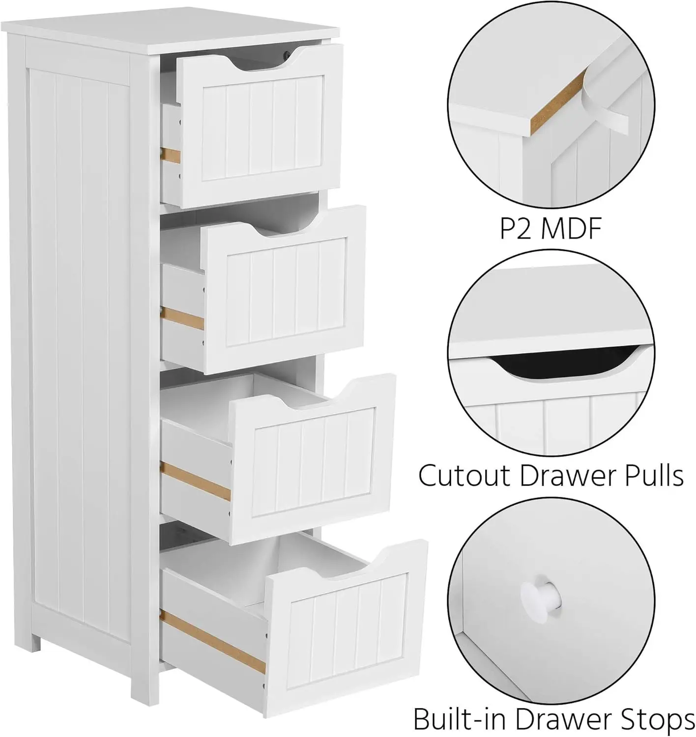 ตู้พื้นห้องน้ํา,ที่เก็บของด้านข้างไม้,ตู้ยืนฟรี 4 ลิ้นชักสําหรับห้องน้ํา/ห้องโถง/ห้องนั่งเล่น,สีขาว