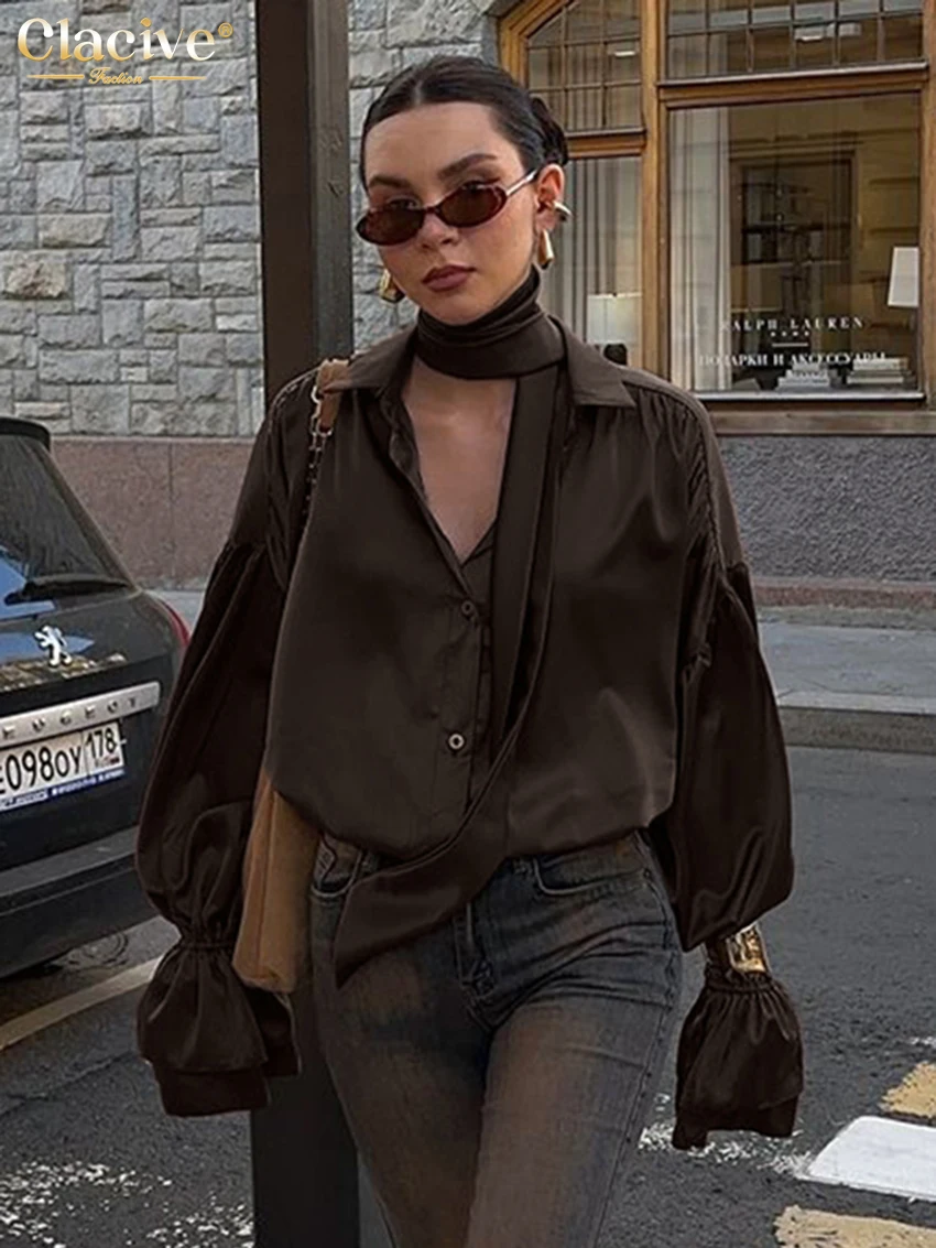 

Clacive Fashion Loose Brown Satin Women's Shirt 2025 Elegant Lapel Long Sleeve Shirts Casual Classic Blusas Top Female Clothing