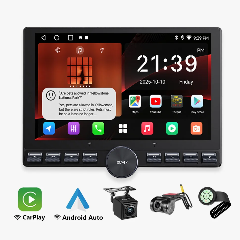 Image of 10 Zoll ausziehbarer Bildschirm Android Autoradio mit physischen Tasten, Kamera, CarPlay, Android Auto, Bluetooth, Radio, Single-DIN-Autoradio, Multimedia-Player, Head-Unit