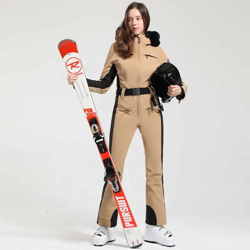 Professional double-board windproof one-piece ski suit for women thickened warm waterproof slim outdoor ski suit for women