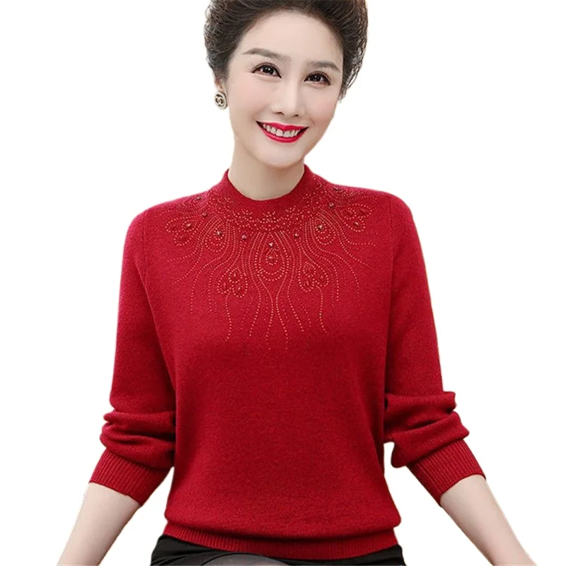 

Warm Cashmere Sweater Women's Half High Collar Faux Pearl Embroidery Base Layer Winter Thickened Knitted Top Trendy Outfit M158