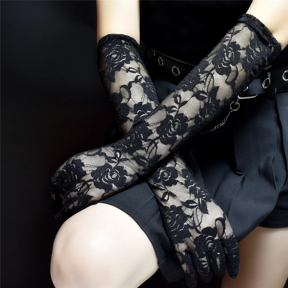 Fashion Retro Black Lace Floral Long Gloves Women Sexy Thin Transparent Elasticity Mesh Punk Wedding Stage Performance Cosplay