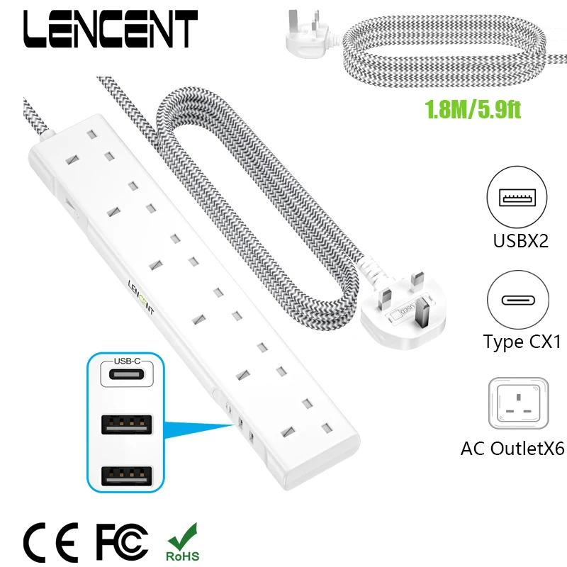 Сетевой удлинитель LENCENT с 6 розетками переменного тока, 2 USB-порта, 1 Type-C, удлинитель с плетеным удлинителем длиной 1,8 м для дома и офиса
