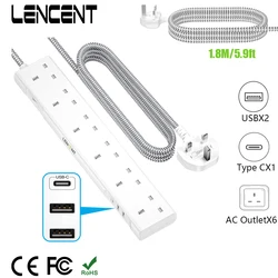 LENCENT Power Strip with 6 AC Outlets 2 USB 1 Type C Multi Power Plug Extension with 1.8M Braided Extension Cord for Home Office