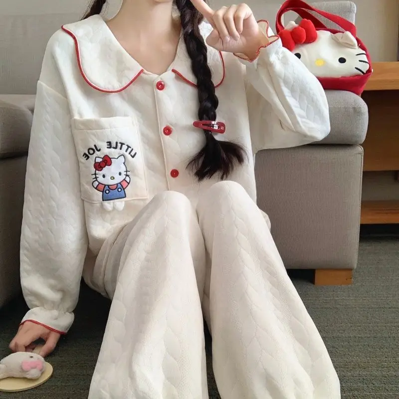 Ar algodão hellokitty pijamas meninas outono inverno sanduíche grosso quente cardigan dos desenhos animados bonito estilo quente roupas de casa conjunto de duas peças