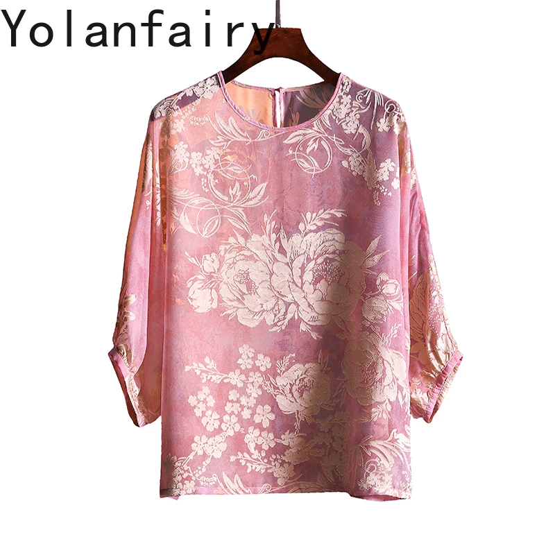 

Женская блузка из 100% вискозы YOLANFAIRY, жаккардовые женские топы высокого качества, блузки, элегантные свободные футболки с рукавами «летучая мышь», Dames 2025