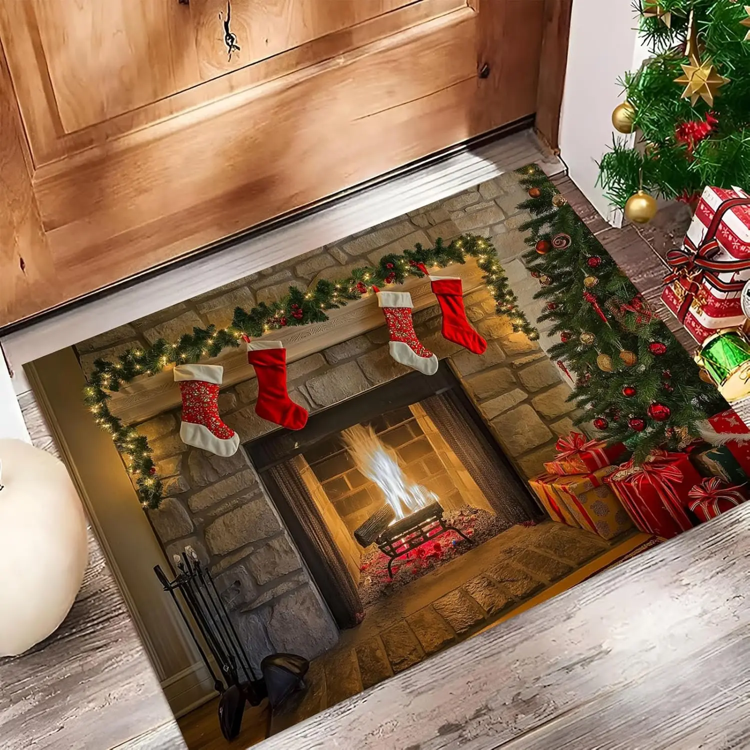 Green Christmas Welcome Doormat, Christmas Fireplace Flame Pattern Home Decor Low-Profile Switch Rug Door Mat Floor Mat for
