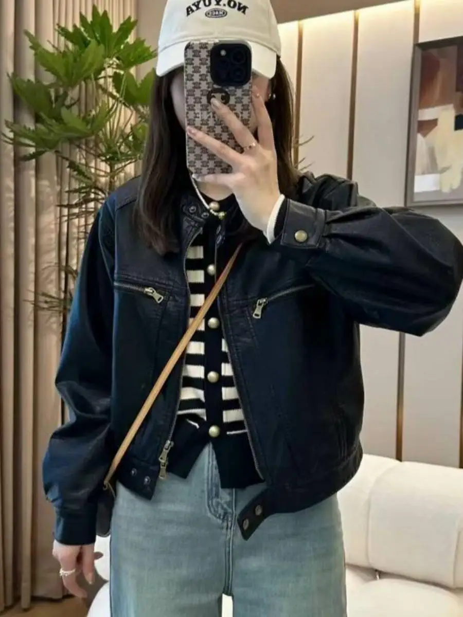 

Retro Short PU Leather Jacket for Women 2026 Spring New Style Popular Casual Motorcycle Clothes round Neck Long Sleeve Coat