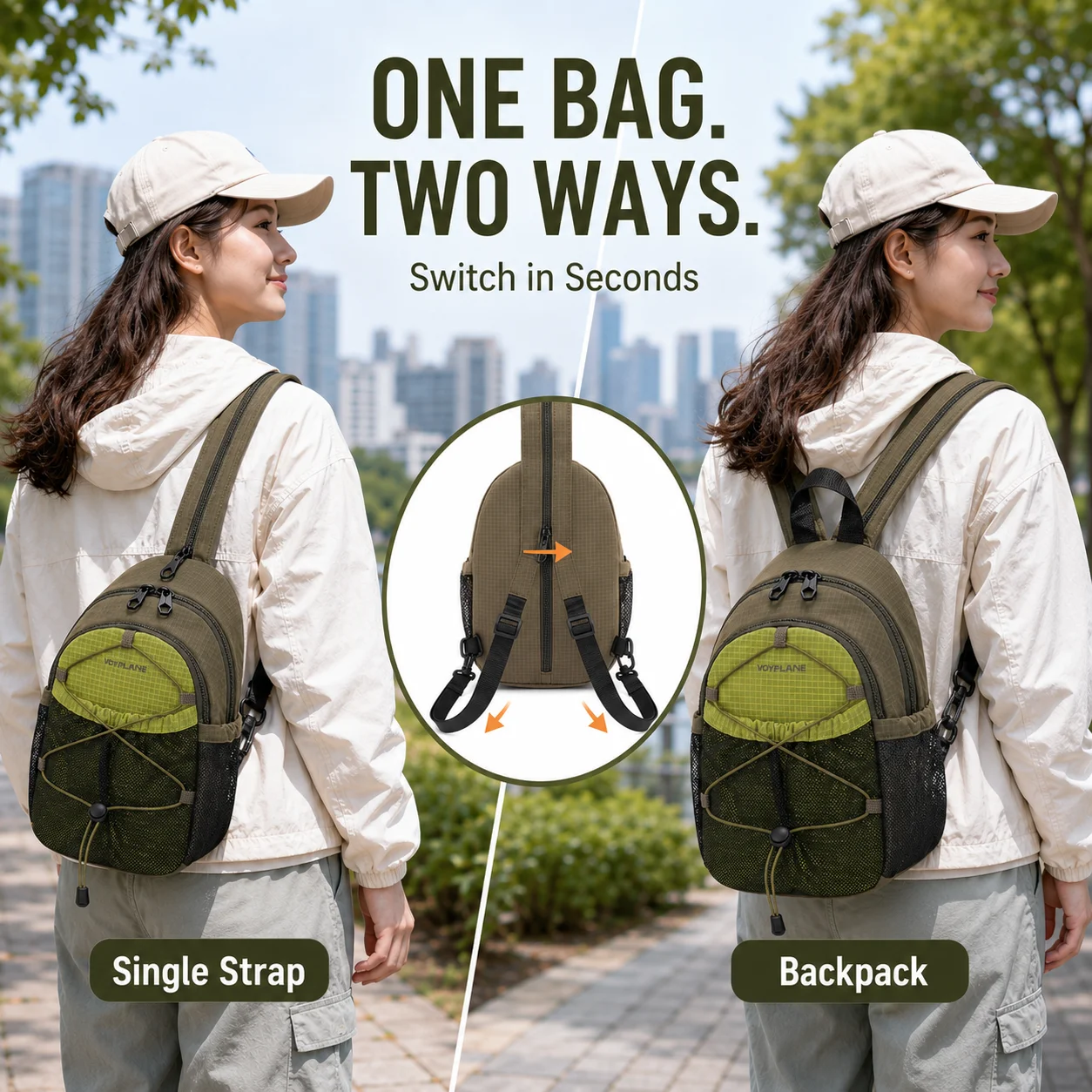 Mini Hiking Backpack for Men Women, Lightweight Convertible Sling Daypack with Mesh Pockets for Cycling Travel Walking Outdoor