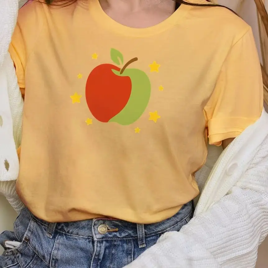 

Y2K Women‘s Clothes Cotton Casual T-Shirt Crew Neck Graphic Tees Street Wear Colorful Cute Cartoon Red&Green Apple With Star