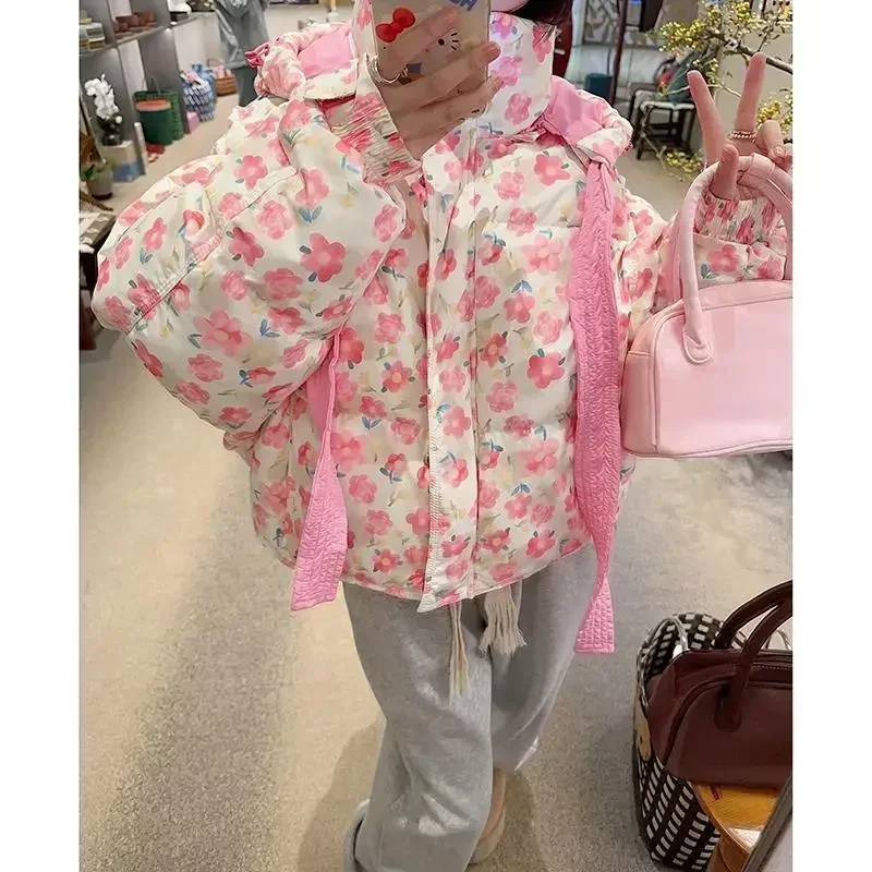 Pink Floral Printing Winter Quilted Coats Women Hooded Thickened Warm Cotton Jacket Female Korean Chic Loose Coat