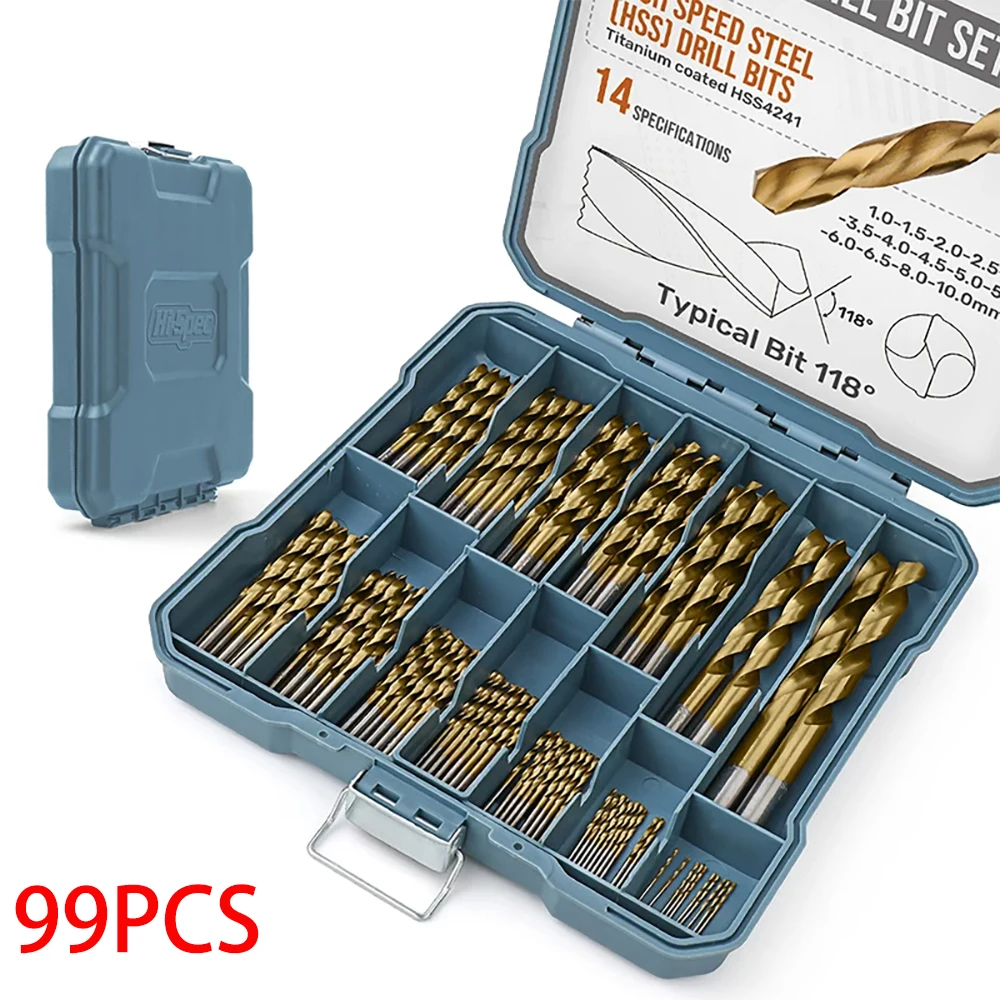 99pcs Complete HSS Mixed Drill Bit Set 1 to 10mm Titanium Coated High Speed Steel Drill Bits for Metal Wood & Plastic