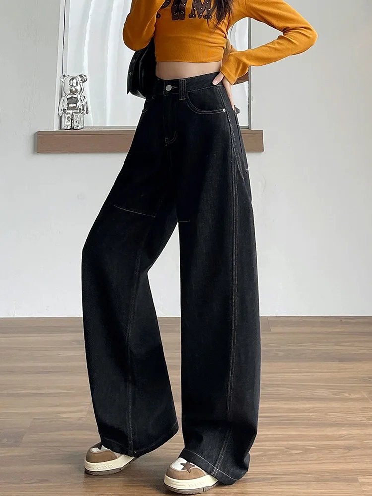 جينز نسائي عتيق غير رسمي مغسول من القطيفة عالي الخصر فضفاض مستقيم من قماش الدنيم موضة ملابس الشارع الشهير ريترو واسعة الساق Vaqueros