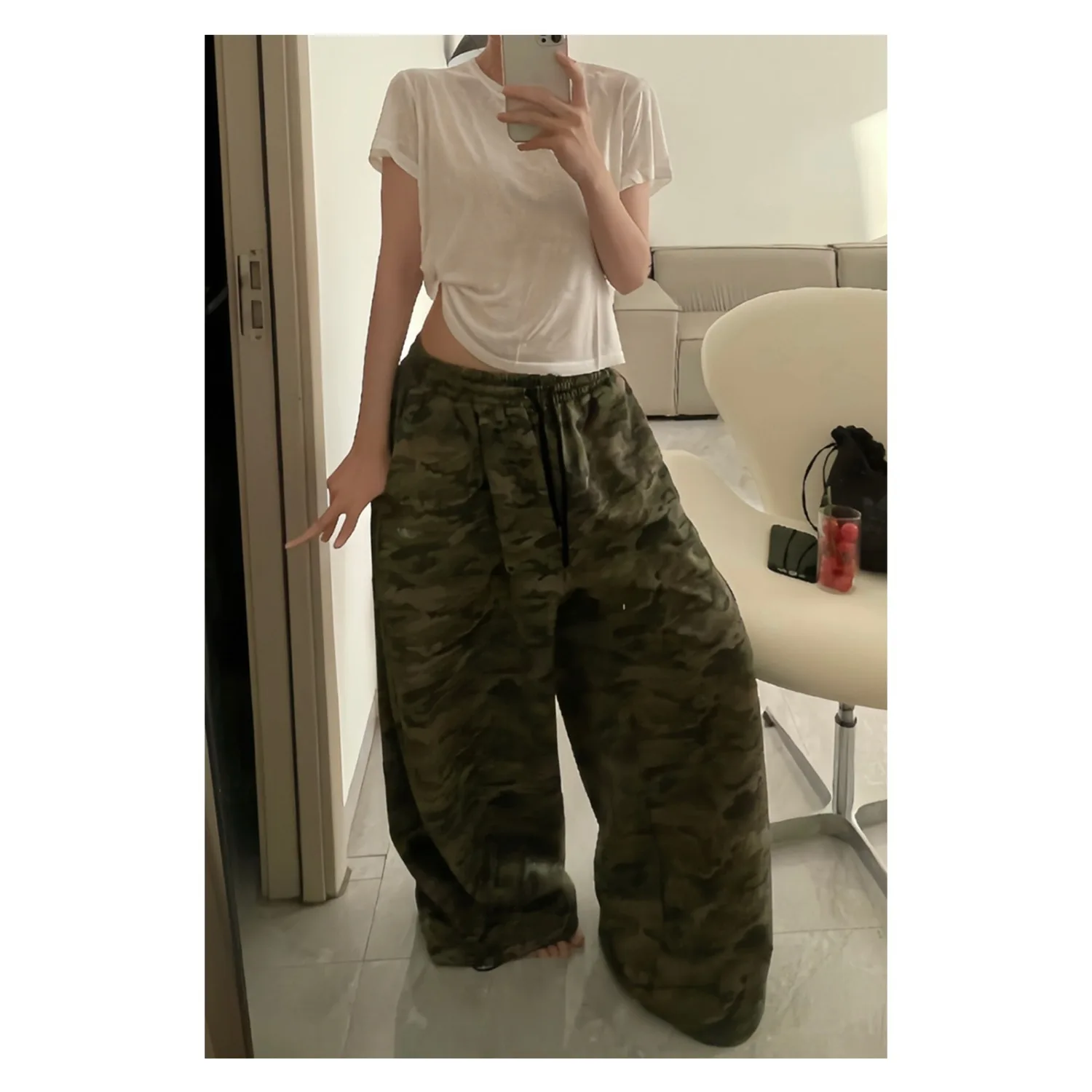 GG New American Retro Trendy Brand Drawstring Camouflage Sweatpants Women's Summer New Casual Straight Loose Wide-leg Trousers