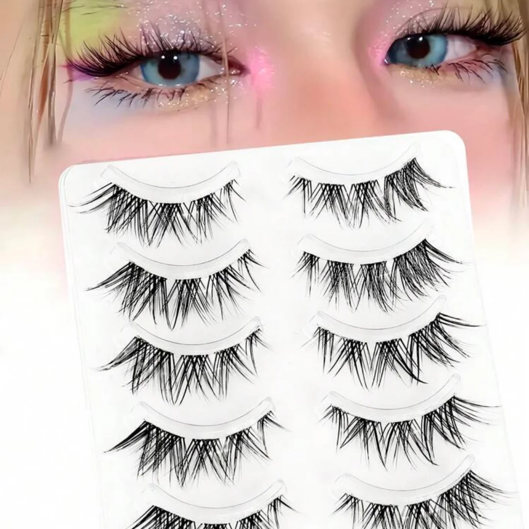 5 pairs of natural, long and flowing false eyelashes in the fox-eye style, suitable for both daily and party looks. Cat-eye and