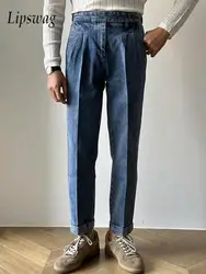 Naples Style Mens Vintage Jeans Streetwear Fall Trendy Belt Design Denim Trousers Men Casual Slim Solid Color Washed Jean Pants