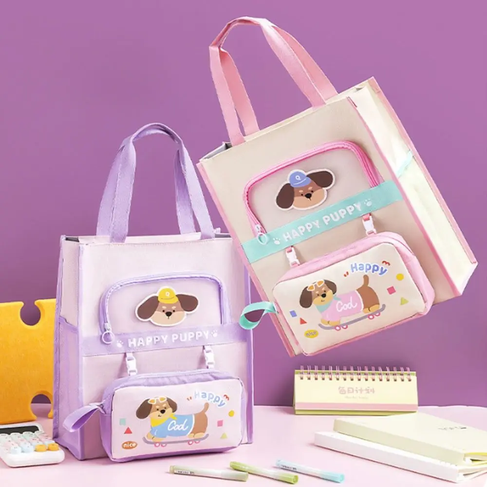 Cartoon Tote School Bag Kawaii Detachable Pencil Bag Multi-layer File Organizer with Handle Oxford Cloth Zipper Pouch Bag