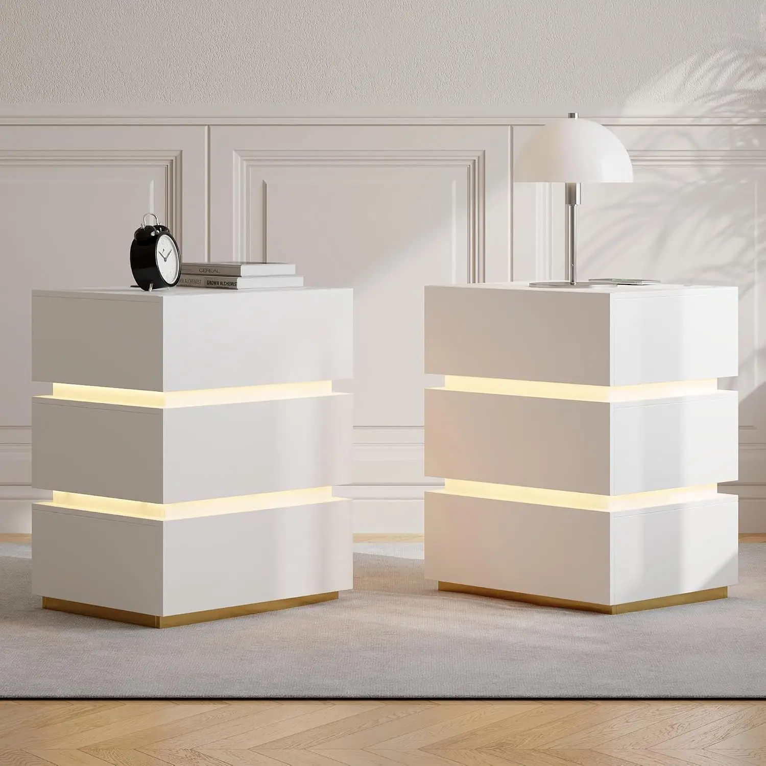 LED Nightstand Set of 2 Wireless Charging USB & Type-C White Bedside Table Storage Adjustable Light Bedroom 3-Drawer, Customized