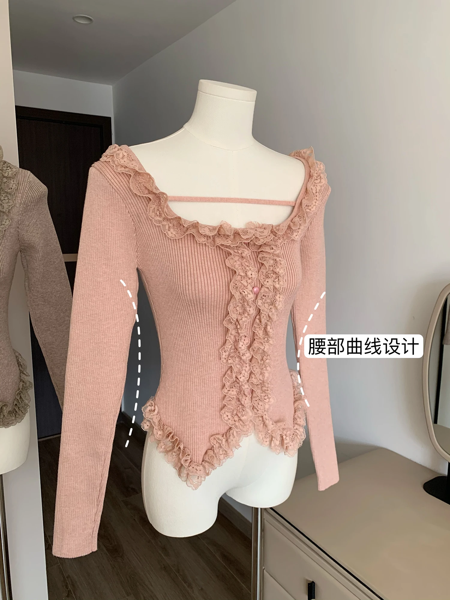 Women Knit Sweater Pink Pullover Sweet Square Necked Long Sleeve Lace Patchwork Tops Jumpers Y2k Knitwear Streetwear