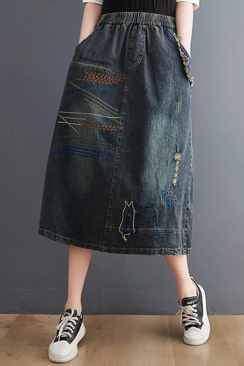 2025 Spring Summer Women\'s Embroidery Washed Denim Skirt Elastic Waist Vintage Jeans Loose Grinding White Hole Midi Saias H849