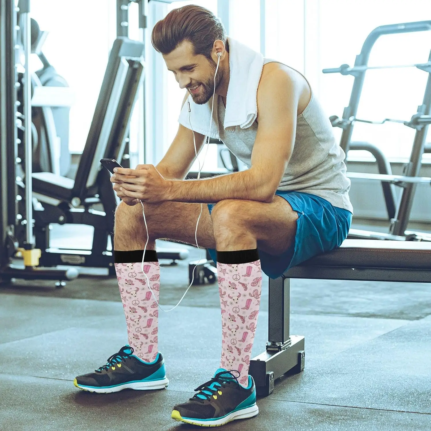 جوارب ضغط راعية البقر من ديسكو للنساء والرجال، جوارب طويلة وردية اللون للرياضية مطبوعة مقاس واحد #6