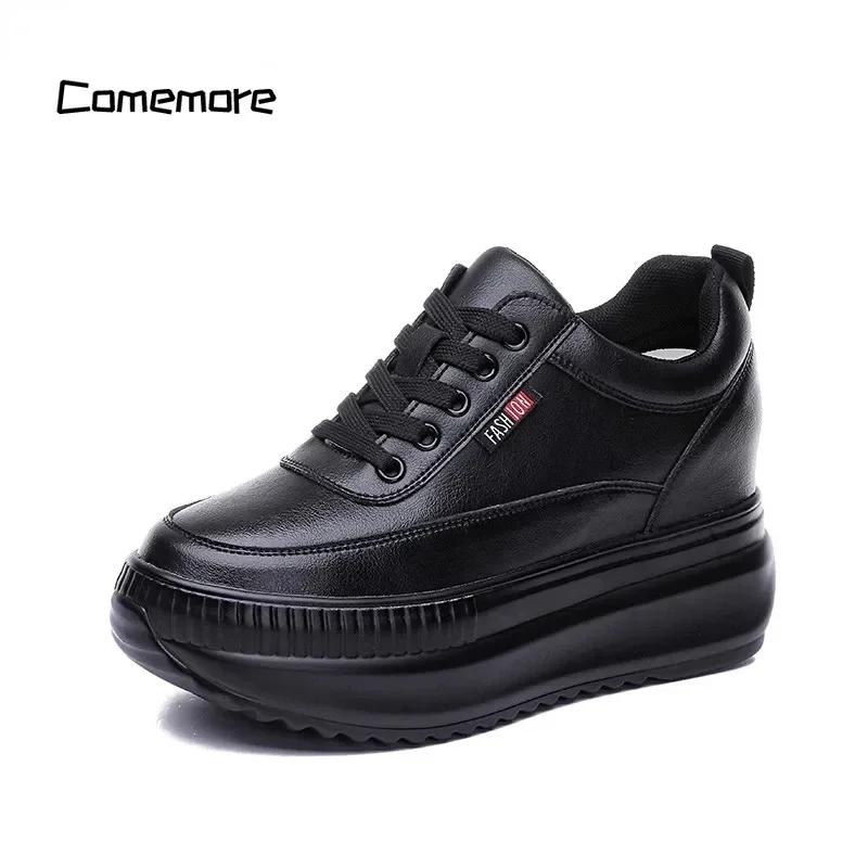 Plattform Keil Weibliche Frauen 8 CM Heels 2025 Turnschuhe Chunky Frühling Herbst Schuh frauen Aus Echtem Leder Casual Schwarz schuhe