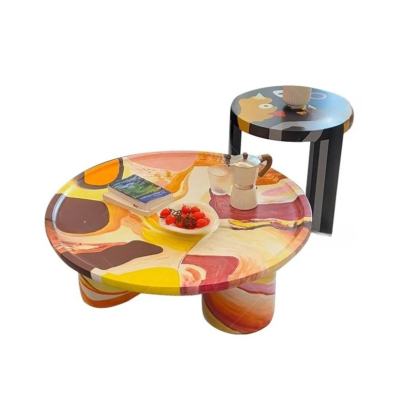 

Creative light luxury painted solid wood living room hand painted oil painting graffiti personality round coffee table