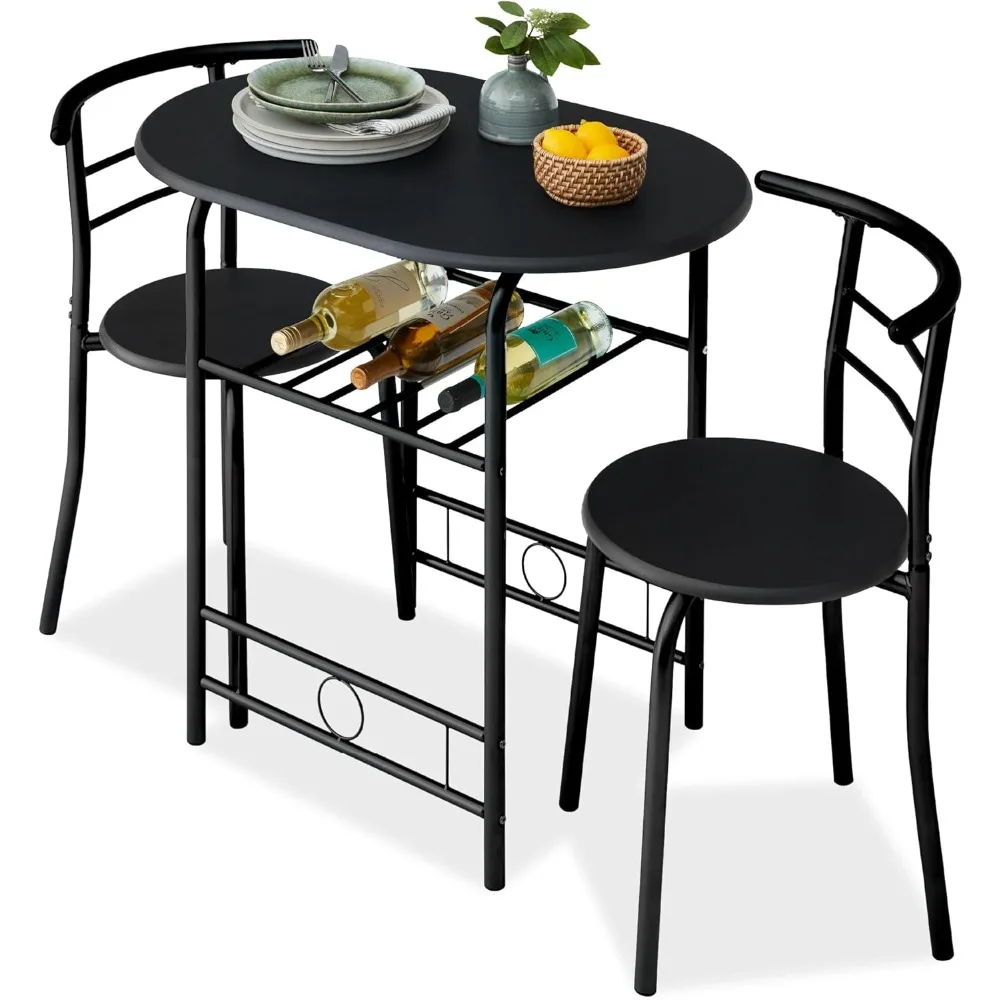 3-Piece Wooden Round Table & Chair Set for Kitchen, Dining Room, Compact Space w/Steel Frame, Built-in Wine Rack - Black