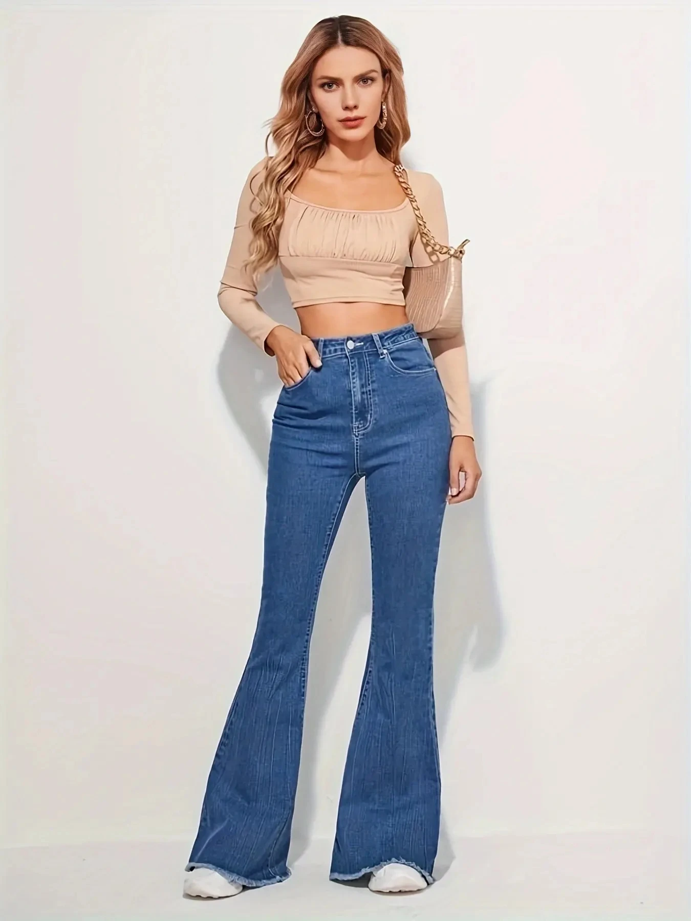 High waist flared Jeans women\'s summer 2023 new retro blue slim fit thin flared pants loose