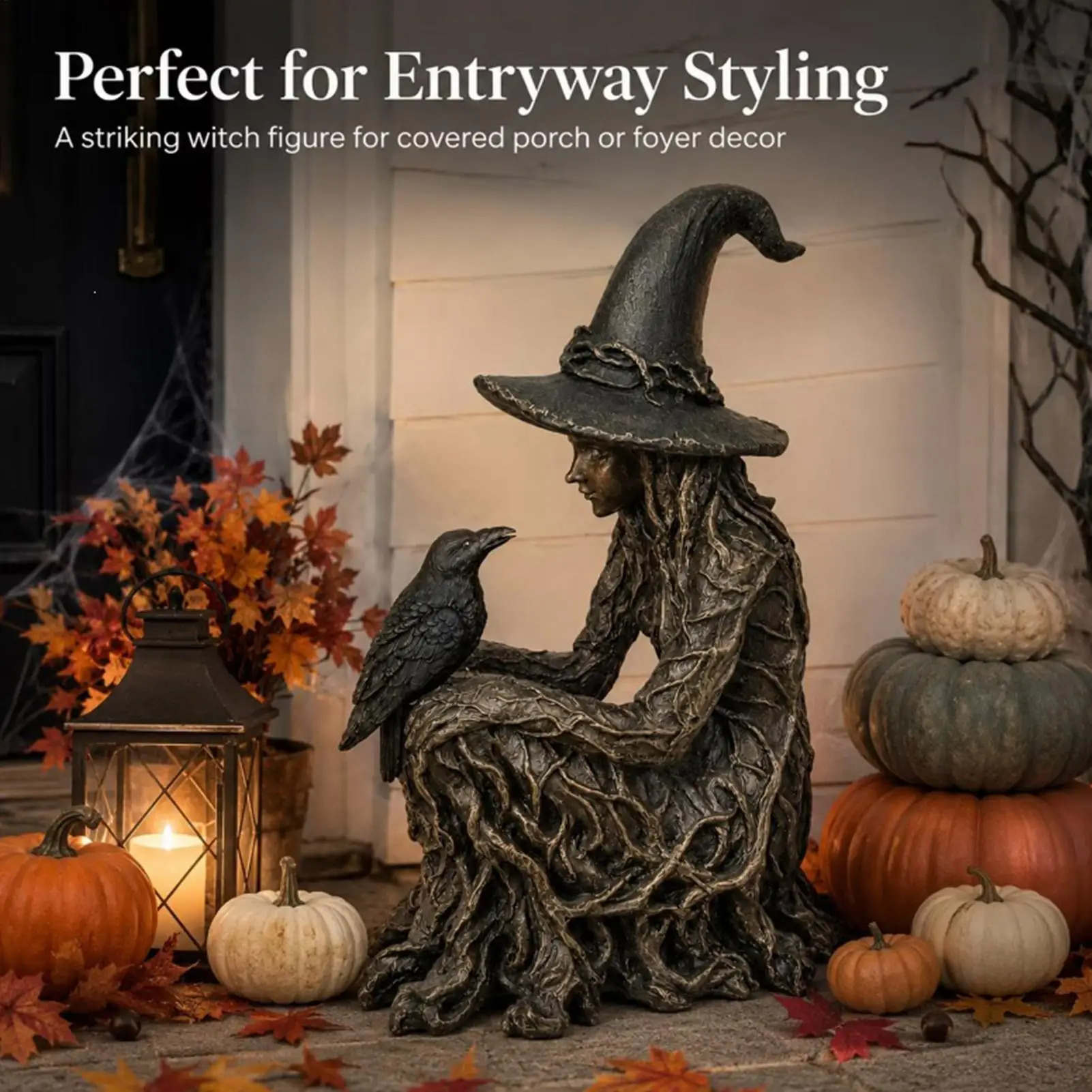 Gothic Styled Halloween Witch Spooky Raven Resin Table Centerpiece Statue UV Fade Resistant Mystical Sculpture For  Party Decor