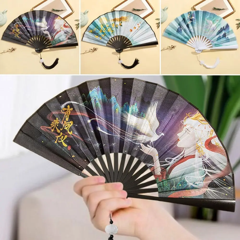 Outdoor Silk Vintage Folding Fan Bamboo Tassel Elegent Hand Fan Hand Fan Colorful Shank Classical Dance Fan Home Decoration