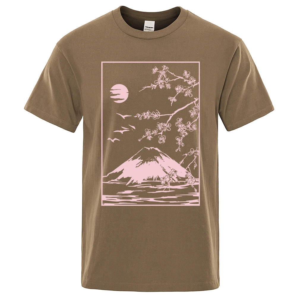 Sakura Mount Fuji Under The Sunset Print Clothes Men Women Cotton T-Shirt Fashion O-Neck T-Shirt Breathable Oversize Tops Summer