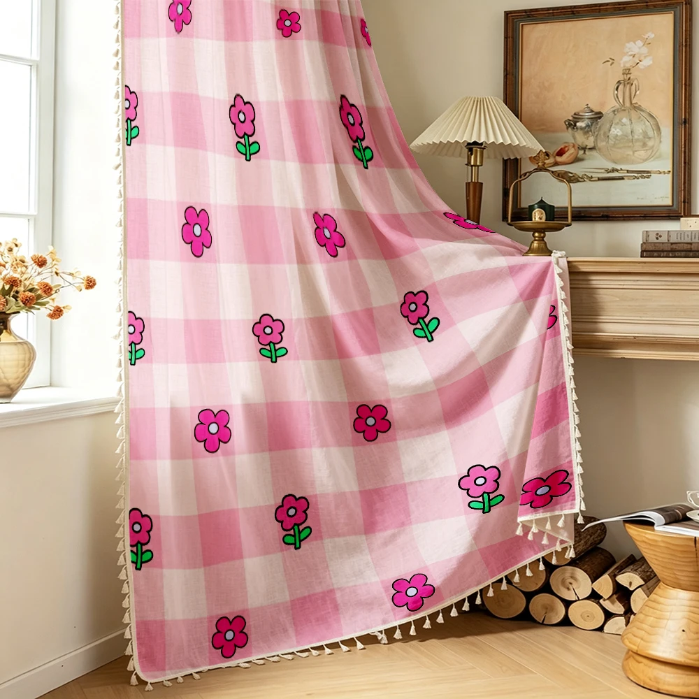 1PC Cartoon Tassel Sheer Curtains, Pink Gingham Check Cute Flowers, Digital Print, Linen Polyester, Kids Room Bedroom Decor