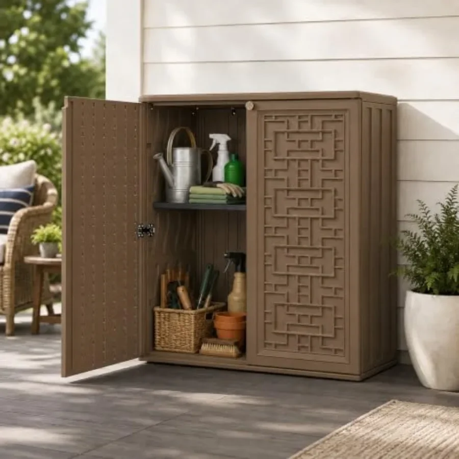 Outdoor storage cabinet for garden tools, pool supplies, toys, porch and garage; heavy-duty resin; gray; waterproof and weather