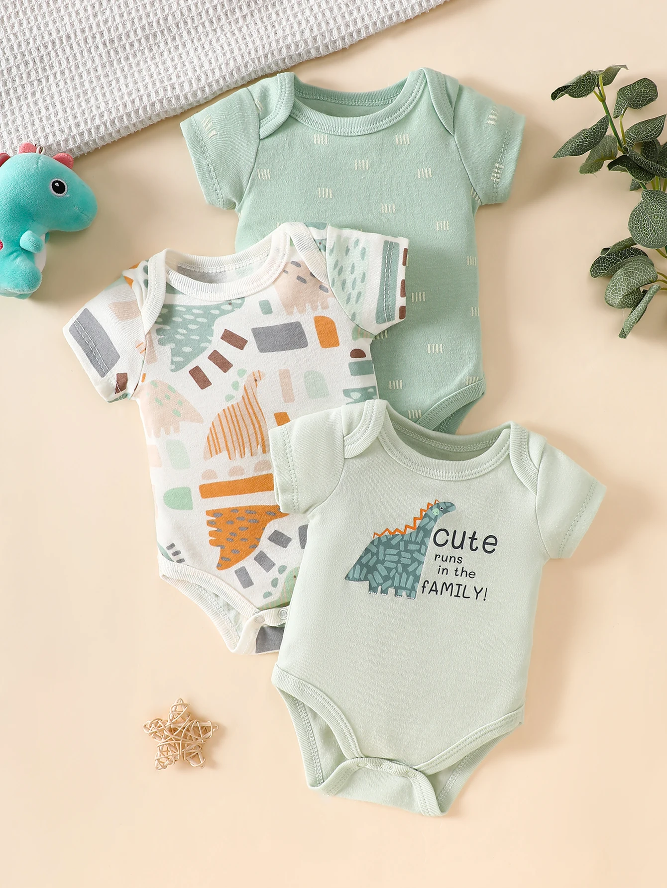 

Комплект из 3 боди для новорожденных, 100% хлопок, мягкие и дышащие, с зеленым рисунком динозавров, для малышей от 0 до 9 месяцев